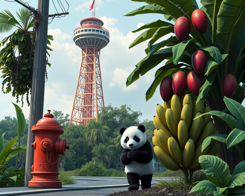 tower, fire hydrant, panda, banana, plum